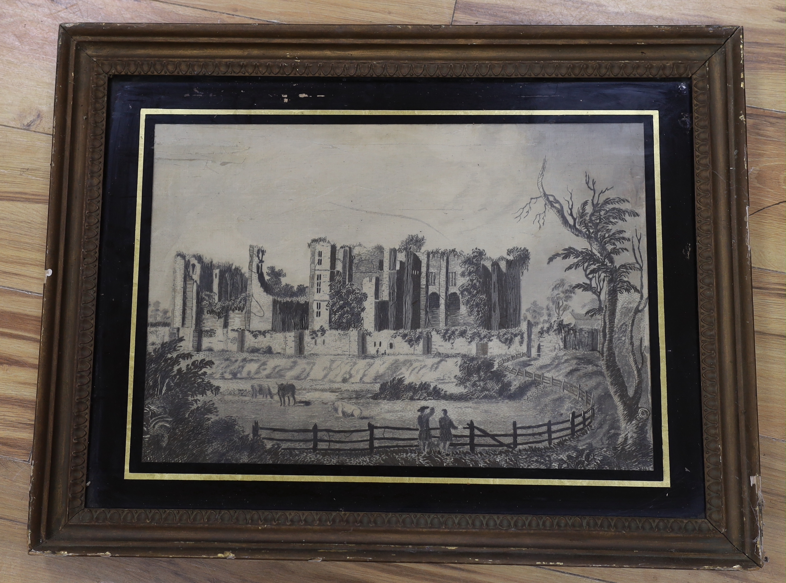 A Regency monochrome silk thread embroidery depicting figures and cattle before ruins, 47 x 33cm